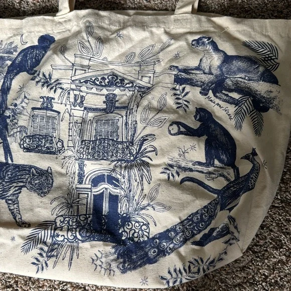 Sezane Toile Blue and Cream Animal Cotton Canvas Print Tote Bag - Picture 3 of 5